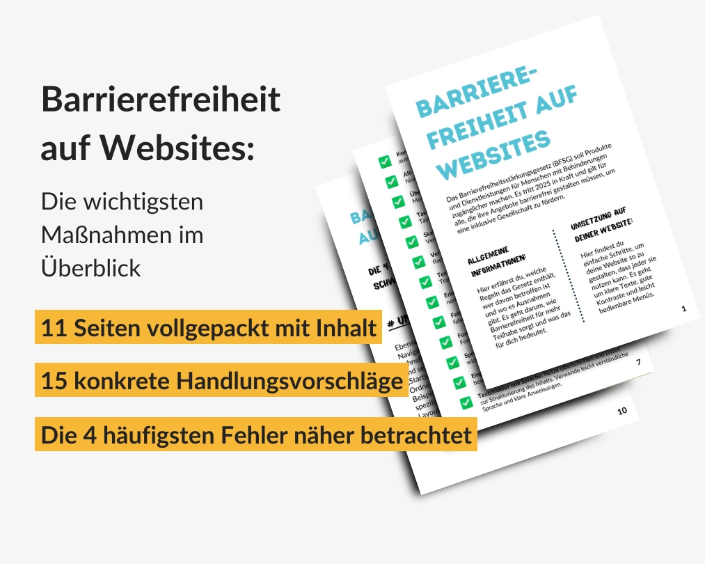 Website Barrierefrei machen - Was muss ich beachten - Mockup mit Titel und den wichtigsten Informationen sowie einem Bild mit einem Einblick in das Dokument für 0€