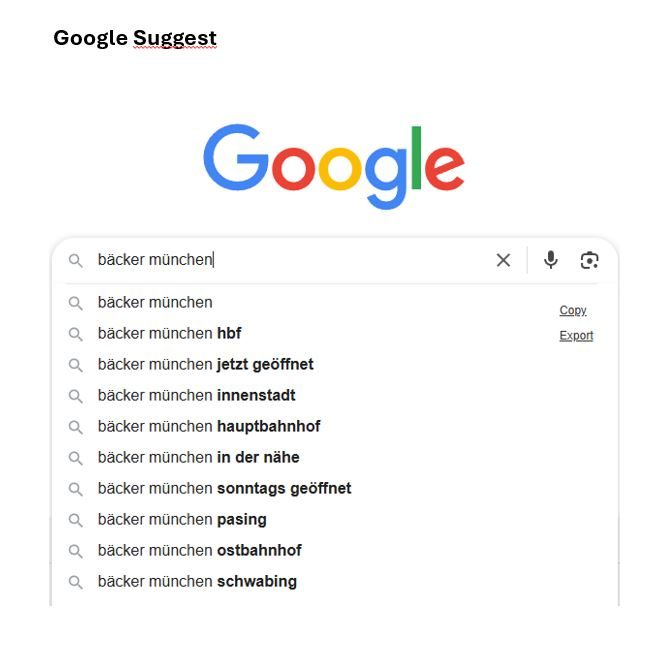 Google-Suggest-Vorschläge bei der Eingabe „bäcker münchen“ – Beispiel für lokale Suchanfragen und Relevanz im lokalen SEO für Unternehmen. - Gastbeitrag „Local SEO für kleine Unternehmen“ von Sabrina Ullmann