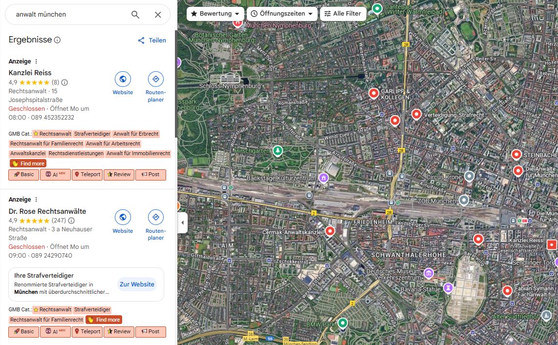Screenshot aus Google Maps mit der Browser-Erweiterung „GMB Everywhere“ für die Suche „Anwalt München“ – zeigt lokale Suchergebnisse und zusätzliche SEO-Daten.- Gastbeitrag „Local SEO für kleine Unternehmen“ von Sabrina Ullmann