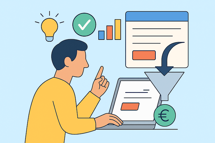 Mann zeigt auf Bildschirm mit Conversion-Elementen, daneben ein Trichter-Symbol mit Euro-Zeichen.