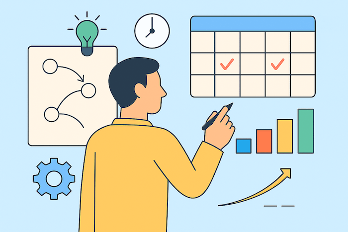 Mann plant Content anhand eines Kalenders und Wachstumsdiagramms – Sinnbild für strategische und effiziente Arbeitsweise.