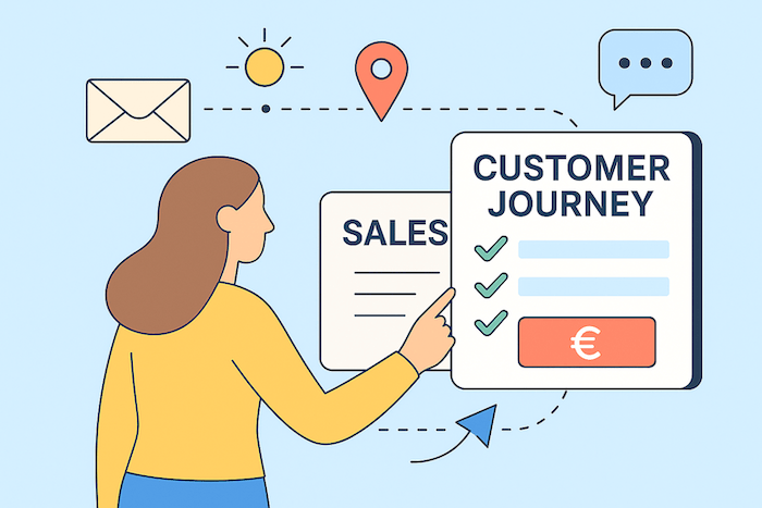 Frau zeigt auf eine Checkliste mit dem Titel „Customer Journey“ und einem Euro-Symbol.