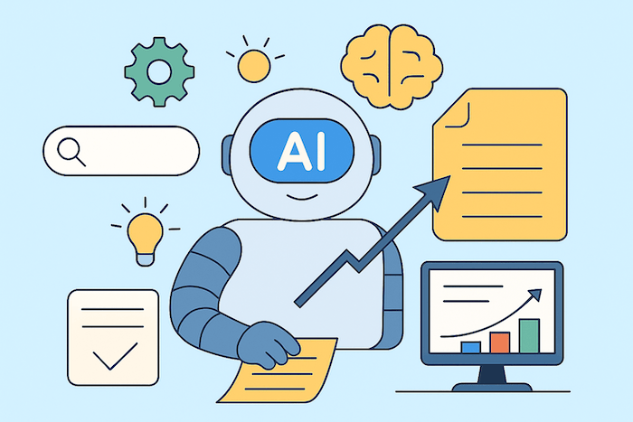 Ein KI-Roboter hält ein Textdokument und zeigt auf eine Wachstumskurve – Symbolbild für effiziente Content-Erstellung mit künstlicher Intelligenz.