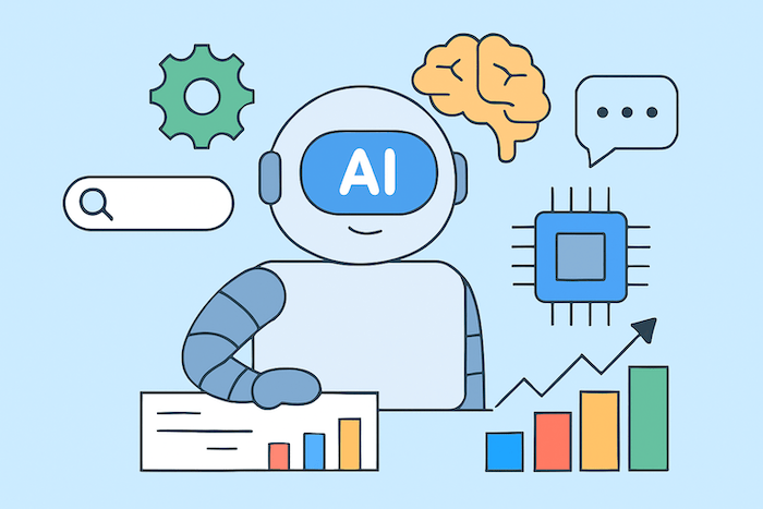 KI-Roboter mit Diagrammen, Chip, Gehirn und Suchsymbol – Darstellung eines KI-Antwortsystems.