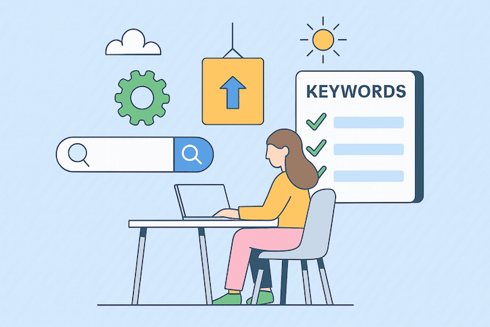 Frau am Laptop mit Keywords-Checkliste – Symbolbild für effektive Keyword-Recherche.