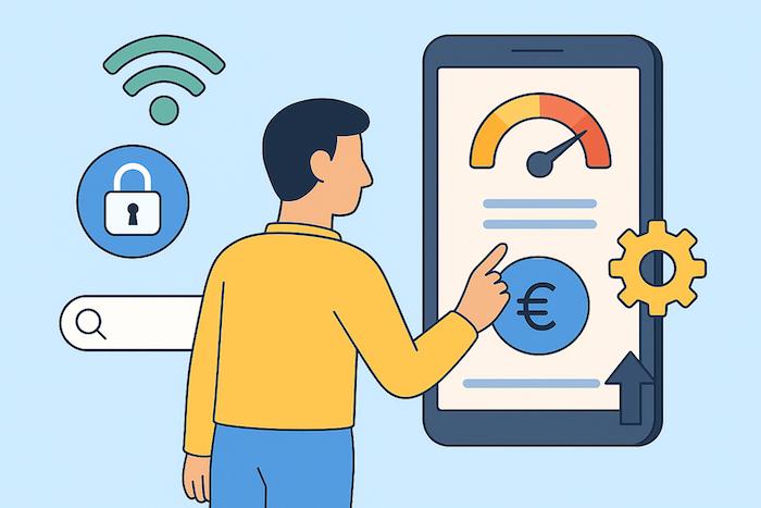 Mann steht vor einem großen Smartphone und zeigt auf ein Geschwindigkeitssymbol. Um ihn herum Symbole für WLAN, Sicherheit, Einstellungen und eine Lupe.