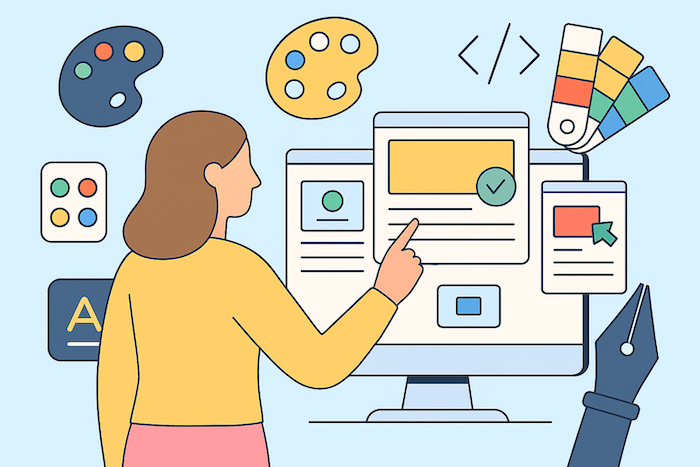Frau gestaltet eine Website am Bildschirm, umgeben von Symbolen für Farben, Layout und Schriftarten – Darstellung für Theme-Design und Editor-Nutzung