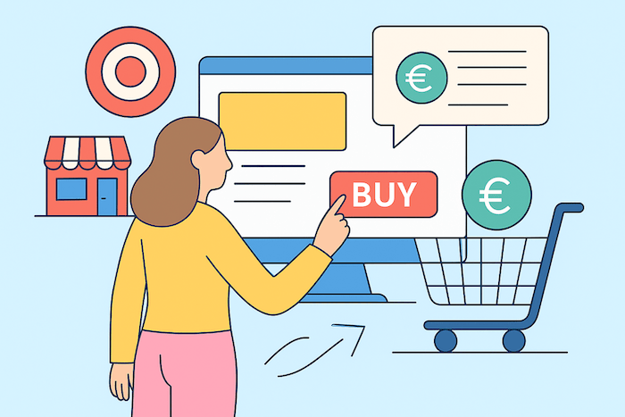 Frau klickt auf eine „Buy“-Schaltfläche vor einem digitalen Shop-Interface mit Warenkorb und Euro-Sprechblasen.