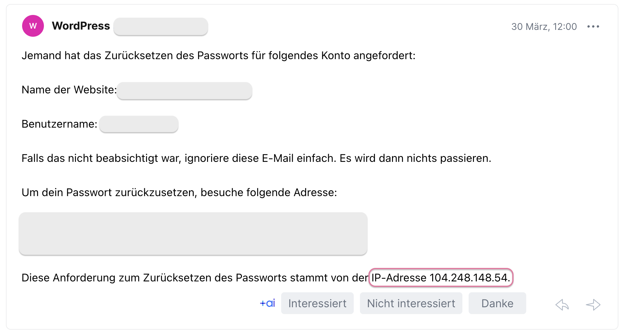 WordPress Passwort zurücksetzen E-Mail mit hervorgehobener IP-Adresse des Absenders