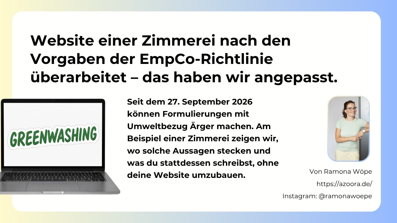 Laptop mit Greenwashing-Aufkleber und Text: Website einer Zimmerei nach den Vorgaben der EmpCo-Richtlinie überarbeitet
