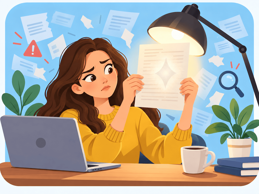 Illustration: Eine Frau im gelben Pullover hält ein beschriebenes Blatt Papier gegen eine Schreibtischlampe. Im Gegenlicht wird ein Wasserzeichen in Form eines Funkensymbols sichtbar. Sie schaut skeptisch darauf. Symbolbild für das KI-Wasserzeichen in Texten.